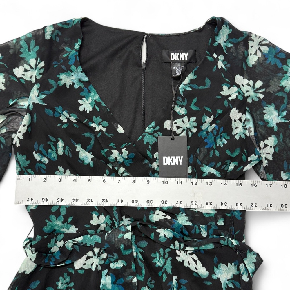 DKNY Floral Print Midi Dress Womens 10 NWT Flutter‎ Sleeve Tie Waist Black Green - Picture 8 of 9
